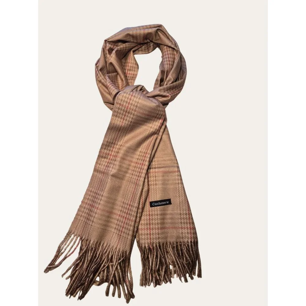 Luxurious Cashmere Tan Plaid Scarf With Fringe Trim For Men & Women
